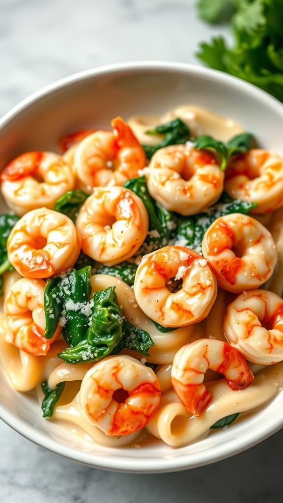 Creamy shrimp gnocchi with spinach in a bowl, garnished with Parmesan and parsley.